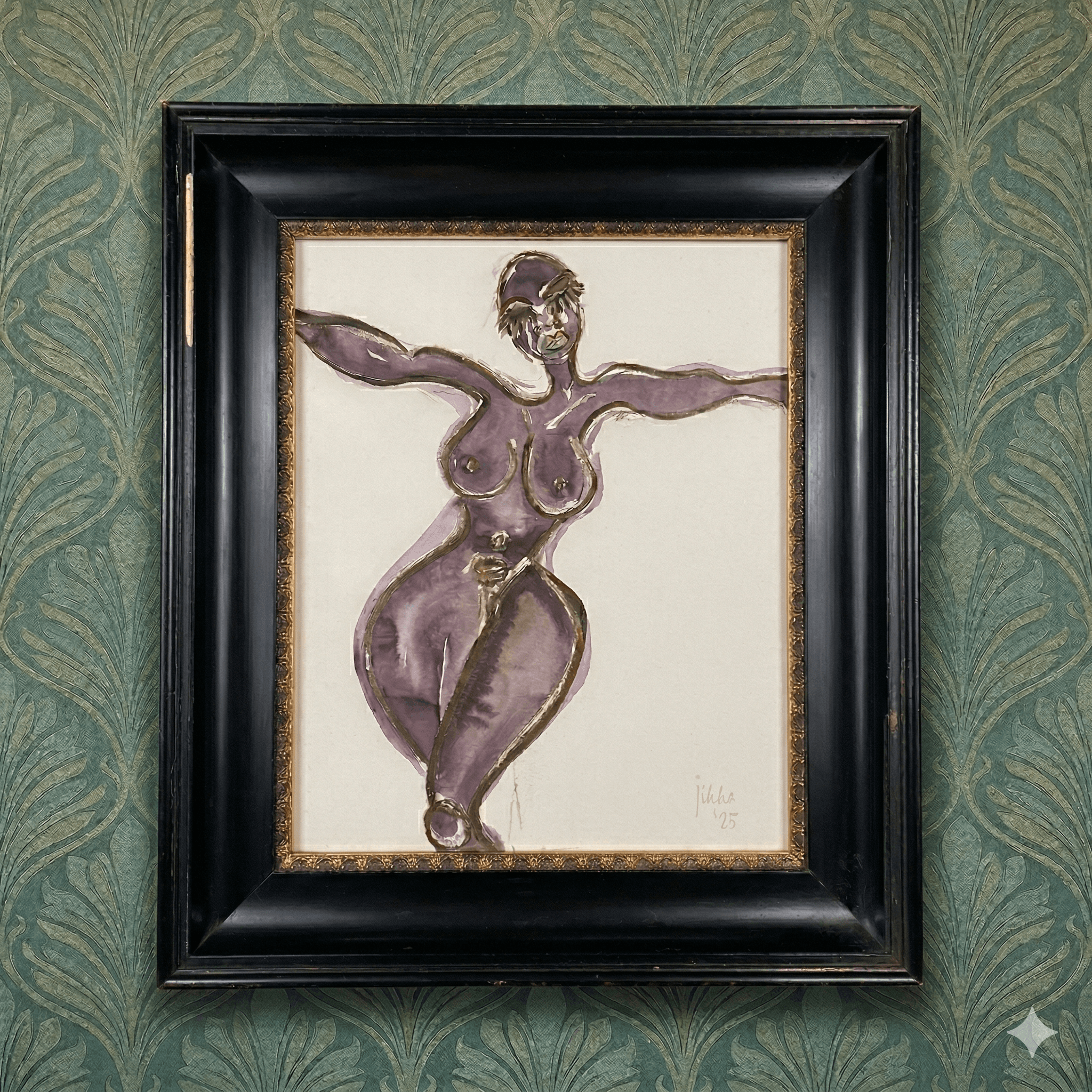 Ink drawing in antique frame